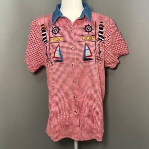 Vintage Bobbie Brooks Red‎ & White Gingham Embroidered Nautical Size Large